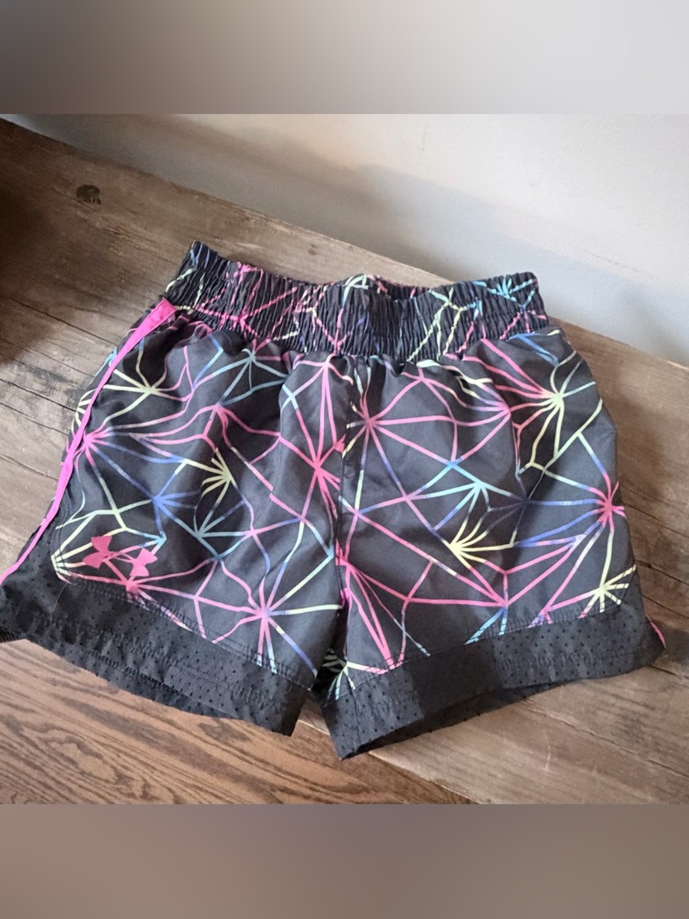 Girls Under Armour Black Athletic Shorts with Neon Geo Lines Size 6